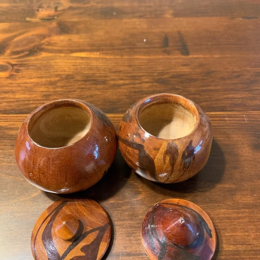(2) Decorative Hand Carved Turned Wood Bowls with Finial Knob Lids from Haiti